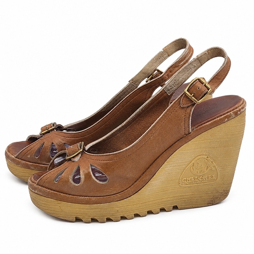 Cherokee Vintage Platform Wedge Sandals Women Size 6 Beige Leather 70s 80s Heels